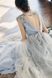 Blue backless exquisite beaded A-line long elegant ball gown formal evening gown wedding dress HZ1023