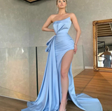 Elegant Sky Blue Evening Dresses Mermid Strapless Sleeveless Sexy High Slit Pleat Droped Dubai Stylish Gowns HZ1023