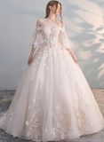 Charming Flowers Lace Off Shoulder Ball Gown Wedding Party Dress, Tulle Long Prom Dress HZ1023