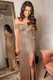Off the Shoulder Brown Sequins Prom Dress HZ1023