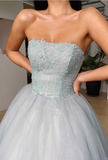 Elegant Dusty Blue Strapless Ruffles Long Prom Dress HZ1023
