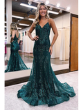 Green Tulle Mermaid Spaghetti Straps V-Neck Prom Dress Evening Dress HZ1023