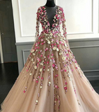 Puffy Long Sleeves Tulle Prom Dress with Lace Flowers, Long Party Dress with Beautiful Flowers HZ1023