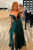 Off Shoulder Green Lace Sequins Long Prom Dress with High Slit, Off the Shoulder Green Formal Dress, Green Lace Evening Dress HZ1023