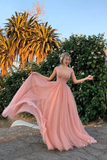 Elegant A Line Tulle Pink V Neck Beads Prom Dresses, Long Evening HZ1023