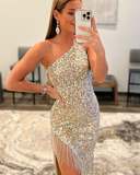 Gold gorgeous shiny fashion sexy one shoulder tassel beaded long prom dress evening gown party dress with side slits HZ1023
