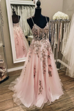 V Neck Backless Pink Lace Long Prom Dress, Long Pink Lace Formal Evening Dress HZ1023