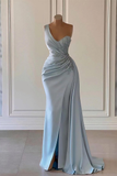 Luxury Sky Blue One-Shoulder Prom Dress Mermaid Split With Ruffles HZ1023