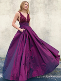 V Neck Backless Purple Lace Prom Dresses, V Neck Open Back Purple Lace Formal Evening Dresses HZ1023