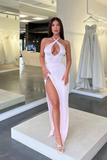 Bellasprom White Halter Sleeveless Prom Dress Keyhole Split Long HZ1023