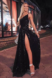 A Line Glitter One Shoulder Side Split Long Prom Dress HZ1023