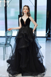 Simple Black Long Ruffle Tulle V Neck Formal Prom Dress HZ1023
