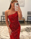 Red Sequin Mermaid One Shoulder Prom Dress HZ1023