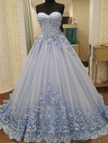 A-line Sweetheart Chapel Train Tulle Appliqued Elegant Prom Dresses HZ1023