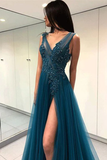 A Line V Neck Tulle Open Back Lace Beads Sleeveless Evening Prom Dresses HZ1023