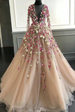 Puffy Long Sleeves Tulle Prom Dress with Lace Flowers, Long Party Dress with Beautiful Flowers HZ1023