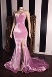 Pink Velvet Sweetheart Prom Dresses | Elegant Side Slit Mermaid Long Evening Gowns HZ1023