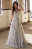 Spaghetti Straps Beaded Bodice Prom Dresses A Line Tulle Sweep Train HZ1023