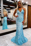Blue Sequin Backless Long Prom Dress sparkly evening dress HZ1023