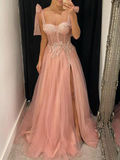 Aline Pink Modest Sleeveless Long Prom Dresses, Evening Dress With Split HZ1023