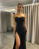 Glamorous Mermaid Sweetheart Black Satin Long Prom Dresses Sexy Evening Party Dresses with Side Slit HZ1023