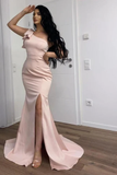 Long Pink Simple One Shoulder Split Mermaid Prom Dress HZ1023