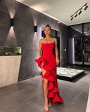 Chic Mermaid Scoop Neck Spaghetti Straps Satin Red Prom Dresses HZ1023