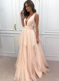 Pink Prom Dresses A Line Long Evening Dress Tulle Long Evening Gowns HZ1023