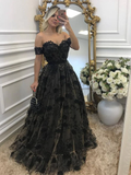 Off Shouler Black Lace Long Prom Dresses with Appliques, Off Shoulder Black Formal Dresses, Evening Dresses HZ1023
