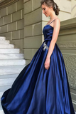 Elegant A-Line Spaghetti Straps Dark Blue Satin Prom Dress with Beading Pockets HZ1023