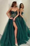 A Line Tulle Green Long Prom Dresses, Sweetheart Formal Evening Dress HZ1023