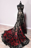 Black gorgeous exquisite red lace long tulle floor length trailing ball gown evening dress HZ1023