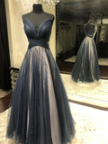 Dark Navy Blue Tulle Long Prom Dresses, Backless Dark Blue Long Formal Evening Dresses HZ1023