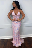 Cute Sparkly Mermaid V Neck Pink Sequins Prom Dresses HZ1023