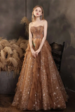 Champagne shiny elegant layered long tulle ball gown evening dress HZ1023
