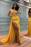 Chic Yellow Straps Mermaid Evening Dress SPlit WIth Sequins Appliques HZ1023