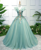 Green V Neck Tulle Long Prom Dress, Formal Dresses, Green Evening Dress HZ1023