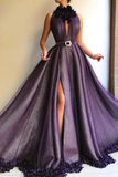 Pretty Halter Long Front Split Purple Prom Dress With Handmade Flower HZ1023