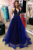 Modest Unique Royal Blue And Purple V-neck Beading Long Prom Dresses With Pockets HZ1023