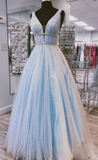 Light Blue Tulle V Neck Pearl Beaded Long Prom Dress, Evening Dress HZ1023