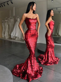 Spaghetti Strap Mermaid Sequin Red Long Prom Dresses Online HZ1023