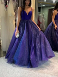 Shiny V Neck Blue Long Prom Dresses, Bling Bling Blue Long Formal Evening Dresses HZ1023
