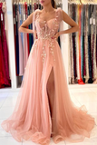 Pink charming heart-shaped sling tulle slit long evening dress HZ1023