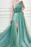 A-Line One Shoulder Jungle Tulle Split Prom/Formal Dresses With Beading HZ1023