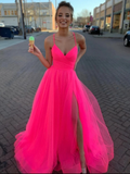 A Line V Neck Hot Pink Tulle Prom Dresses, Hot Pink Tulle Formal Evening Graduation HZ1023