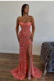 Orange Gorgeous Sequins Mermaid Sweetheart Prom Dress Split With Sleeveless HZ1023