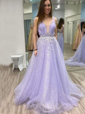 Lilac Tulle Deep V-neck Beaded Long Evening Prom Dresses, Cheap Custom Prom Dress HZ1023