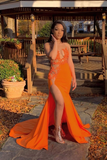 Jewel Sheer Sleeveless Appliques Orange Mermaid Prom Dresses with Side Split HZ1023