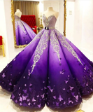 Purple long gorgeous sweetheart ball gown ball gown evening dress satin with applique train HZ1023