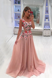 Fashion Blush Pink See Through Lace Flowers Prom Dress Formal Evening Party Dresses HZ1023